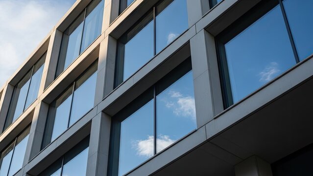modern office building exterior with reflective glass windows under blue sky