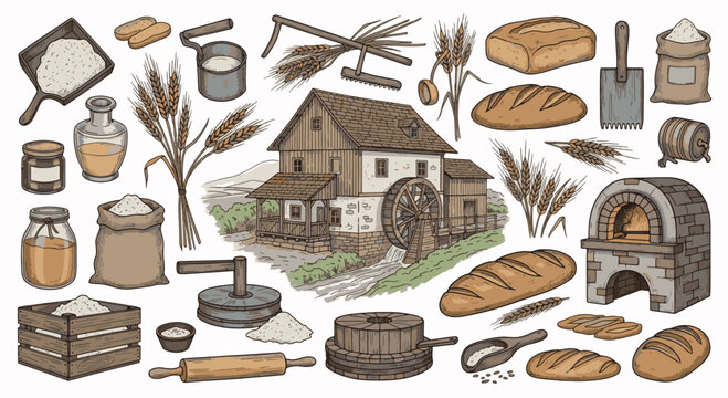 Comprehensive hand-drawn vintage collection of bread, wheat, a watermill, and traditional baking tools. Ideal for bakery branding and food packaging.