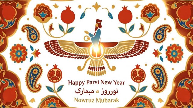 Happy Parsi New Year Nowruz Mubarak Celebration with Faravahar Symbol and Pomegranate Design.