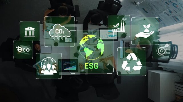 A group of professionals collaborate in a modern office setting, focusing on ESG strategies while interactive digital icons depict environmental, social, and governance themes. Raster