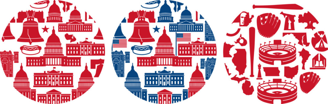 Red and Blue USA American Patriotic Circle Badge Collection Set with Capitol White House Liberty Bell and Landmarks for Independence Design