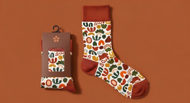 Patterned socks with packaging mockup earth tones modern design