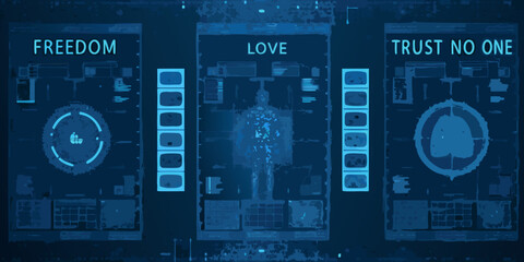 blue futuristic interface screens with freedom love and trust no one © Nasir