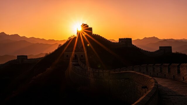 Majestic Great Wall of China at Sunrise, Ancient Landmark Vista