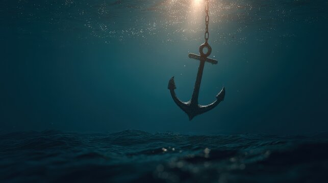 An old anchor submerged in the deep, dark ocean