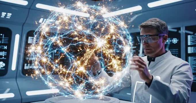 Scientist interacting with a glowing digital sphere in a futuristic laboratory setting