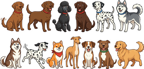 Illustrated dog breed collection. Cute cartoon puppy set featuring Labrador, Dalmatian, and Husky. Happy pet characters for veterinary clinic, animal shelter, and grooming services. © EDEN QUEEN