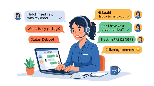 Customer service representative assisting client with delayed package via live chat on computer