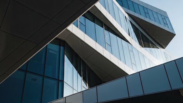 modern corporate office building exterior with reflective glass windows under blue sky