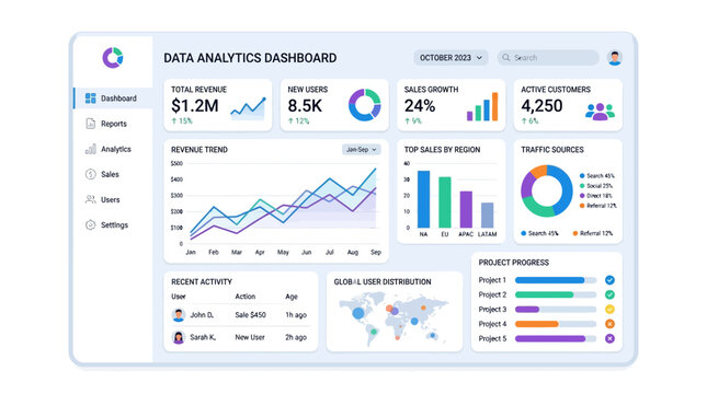 A business dashboard displays various colorful graphs and charts on a screen