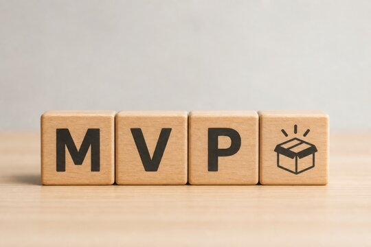 Wooden blocks on a table spell out "MVP" next to an icon of an open box, symbolizing a minimal viable product concept in business or startups.