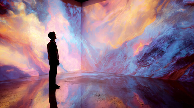 Silhouette of a Person Standing in Front of a Large Immersive Digital Art Installation with Swirling Abstract Colors, Modern Art Gallery Exhibition Experience