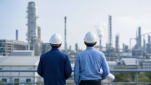 Two engineers in helmets observe an industrial refinery complex with towers and pipes under a clear sky.