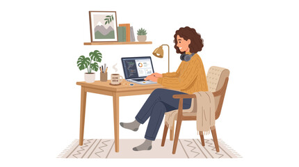 Fototapeta premium A woman works on her laptop at a wooden desk in a cozy home office environment.