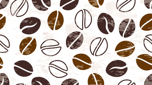 Coffee Seamless Pattern. Sketch for Food Shop, Menu, Bakery Cafe. Coffee Beans with Grunge Effect Brown and Beige Colors. Vector Art Border Background.