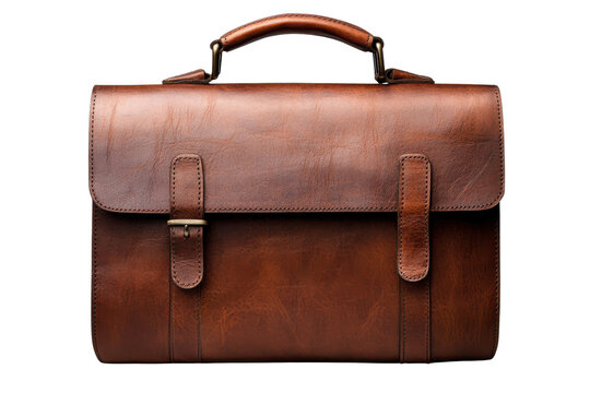 Brown leather briefcase with brass buckle and handle on black background vintage
