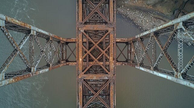Bridge architectural evolution aerial perspective weathered steel truss cantilever structure spanning muddy river with geometric lattice framework