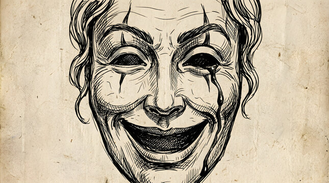 Hand drawn illustration of a weeping clown mask with a wide smile and dark empty eye sockets on parchment