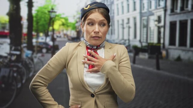Woman flight attendant with hand on chest and red neck scarf holding cap, standing on cobbled city street by bicycles and buildings; surprise apology.