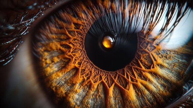 Iris color saturation extreme macro brown iris amber golden natural pattern complexity fiber structure varying tones corneal surface