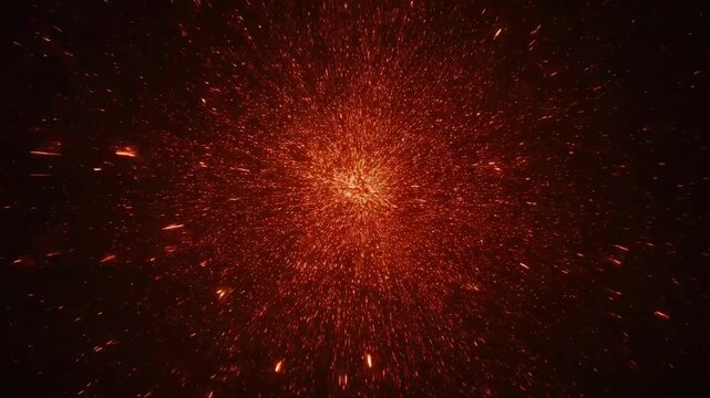 Particle explosion bursting outward with intense red orange light