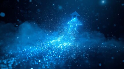 Naklejka premium An abstract tech scene filled with cascading blue directional markers drifting upward through a sparkling, data-like mist, creating a sense of progress and forward in a high-gloss digital environment