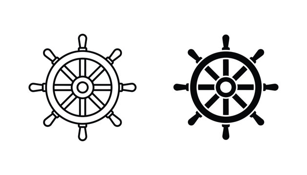 Ship steering wheel icon set in outline and solid black style for maritime navigation design elements