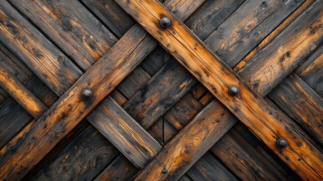 Historic American railroad bridge diagonal bracing weathered wooden trestle construction with crossed timber supports and iron bolts traditional engineering