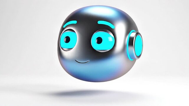 Cute futuristic robot head vector icon with glowing eyes and animated blinking, metallic gradient finish, floating in clean background, camera slight low angle for depth, soft shadows