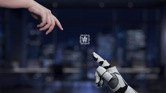 A captivating digital scene showcases a robotic hand interacting with various e-commerce icons, symbolizing the evolution of online shopping and technology integration. Synapse