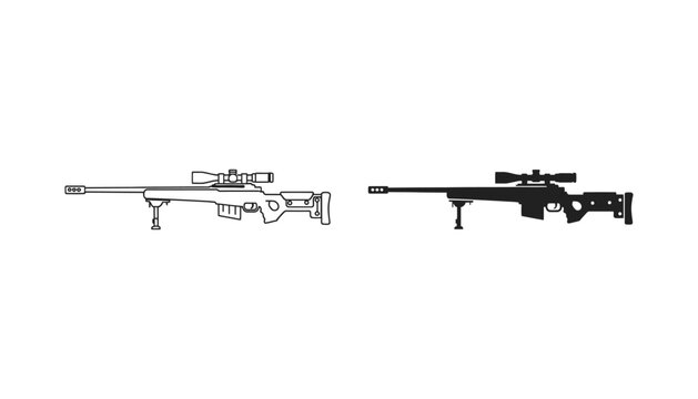 Professional sniper rifle with scope and bipod in linear and solid black icon styles for tactical military gaming or defense industry branding graphics