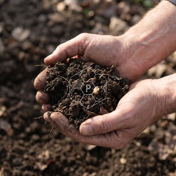 Hands holding soil with small plant roots and mesh protector