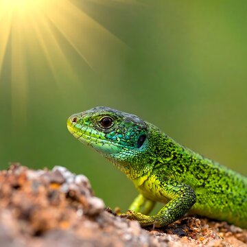 Green lizard on rock sunny day.