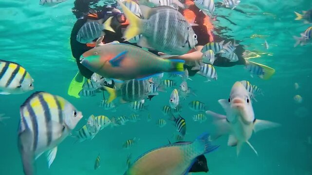 Happy couple in snorkeling mask dive underwater with tropical fishes in coral reef sea in Weh Island Sabang, Indonesia. Show by hands divers sign of love and heart. 