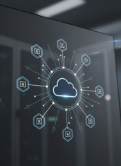 Fototapeta premium Cloud computing digital interface with network service nodes on a dark screen for enterprise infrastructure, data security marketing and technology strategy presentations