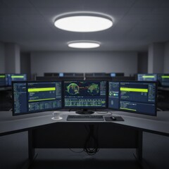Fototapeta premium Security operations center workstation displaying cybersecurity dashboards on multiple monitors for threat monitoring, network defense and digital infrastructure security