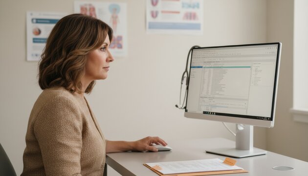 Middle-aged woman working at a clinical workstation using medical coding software for healthcare administration, patient data management and billing services insurance