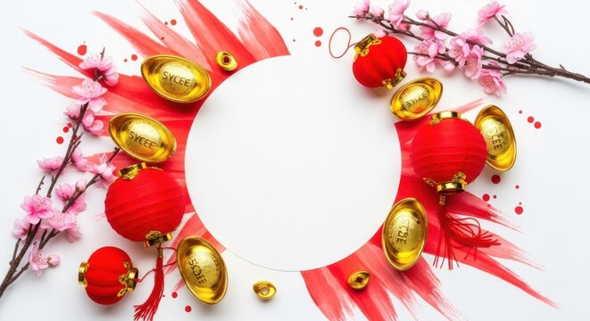 Chinese new year background with lanterns, gold ingots and cherry blossoms