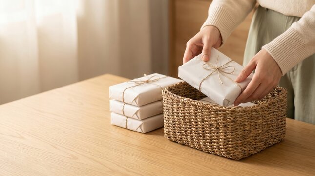 Womans hands placing a beautifully wrapped gift into a woven basket on a wooden table.