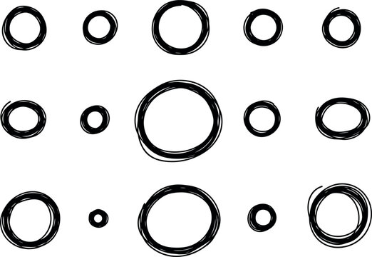 Hand Drawn Sketch Circle Set with Grunge Doodle Ring Shapes in Various Sizes for Frames, Borders, and Graphic Design Elements