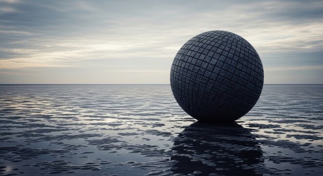 A large textured stone sphere resting on a wet, reflective tidal flat