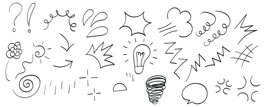 Set of hand drawn doodle design elements, arrows, swirls, stars, speech bubbles, question and exclamation marks isolated on white background