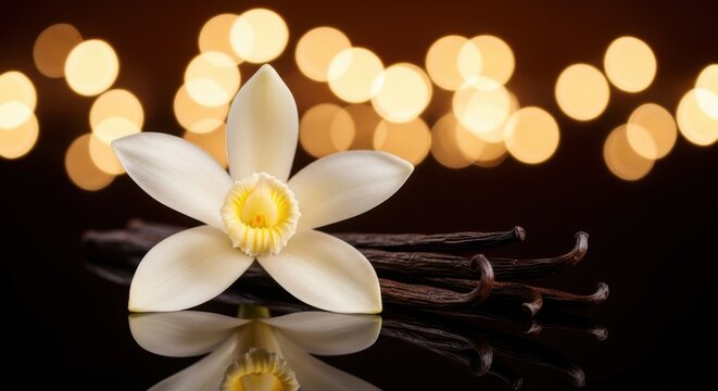Vanilla flower and dried vanilla beans on a dark reflective surface