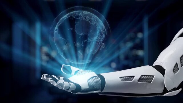 A robotic hand holds a glowing globe symbolizing global economic trends, with cost decline visuals and a digital bar chart, embodying futuristic technology in finance. Synapse