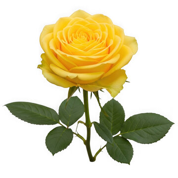 Beautiful yellow rose with green leaves isolated on transparent background