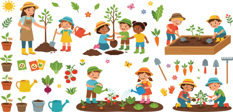 Children gardening and reforestation set with kids planting trees watering vegetables and using garden tools outdoors
