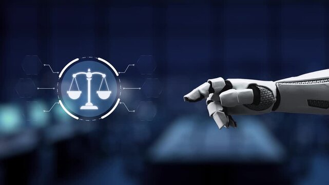 A futuristic robot hand reaches out to interact with a digital scale icon, symbolizing justice and equality in a modern workplace infused with advanced technology. Synapse