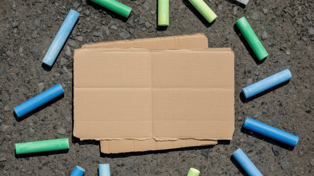 Colorful chalks scattered around a torn cardboard box on asphalt