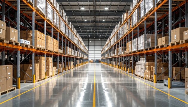 Warehouse aisle with tall shelves stacked logistics goods