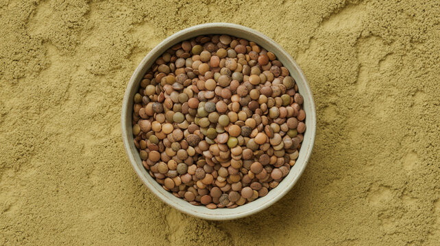 Braune Linsen in Keramikschale auf Kalkputz, Makro